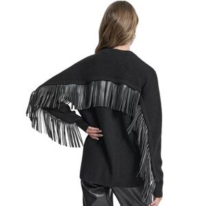 New DKNY Women's Fringe Long Sleeve Cardigan Sweater XL Boho Festival Oversized